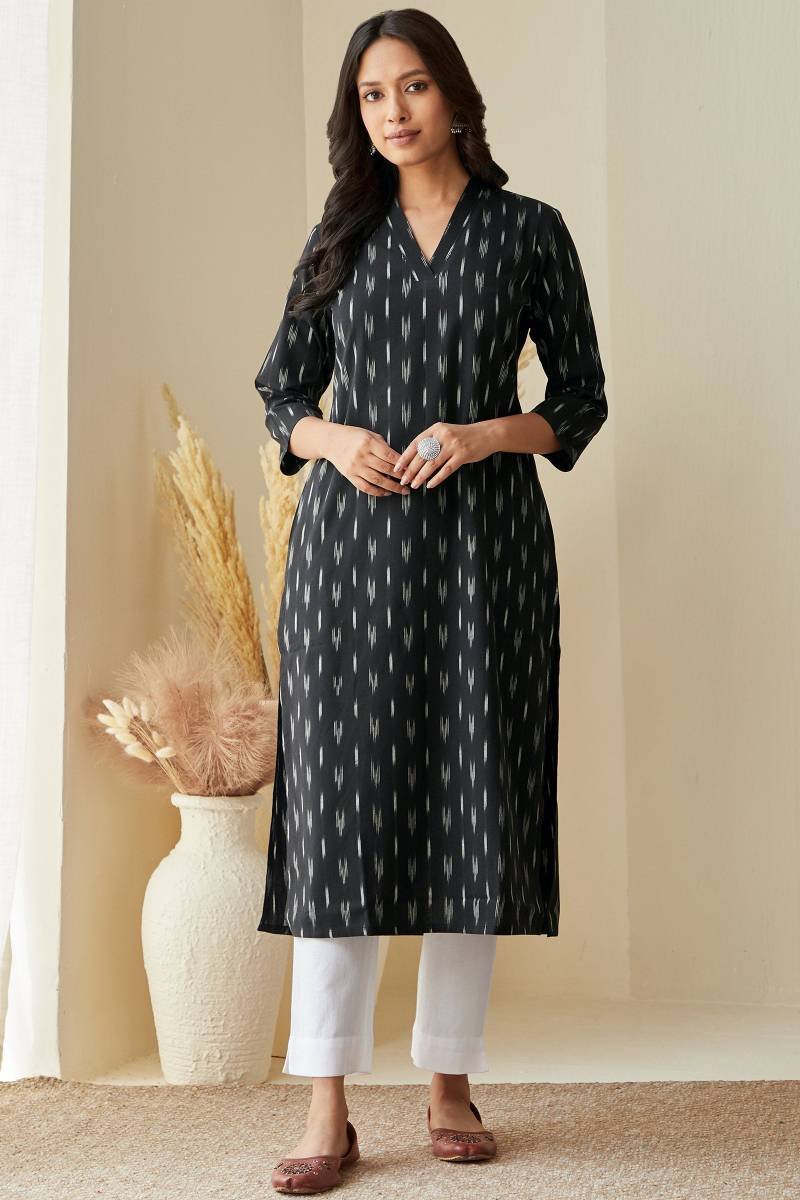 3_180_288.jpg Naadirah Anya Black Ikat Kurta - Image 1