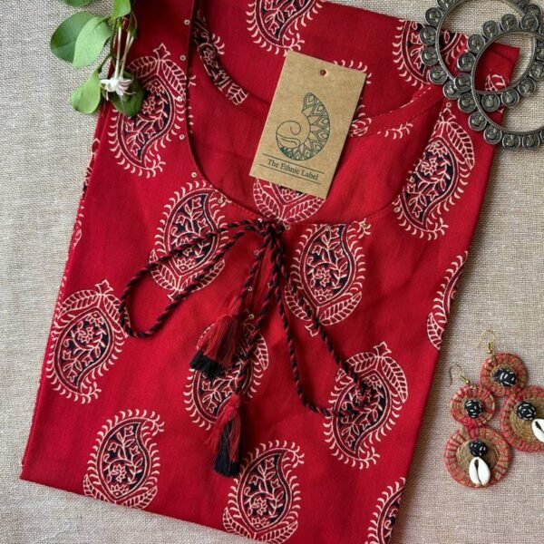 "Paakhi" Deep Red Paisley Hand Block Printed Cotton kurta