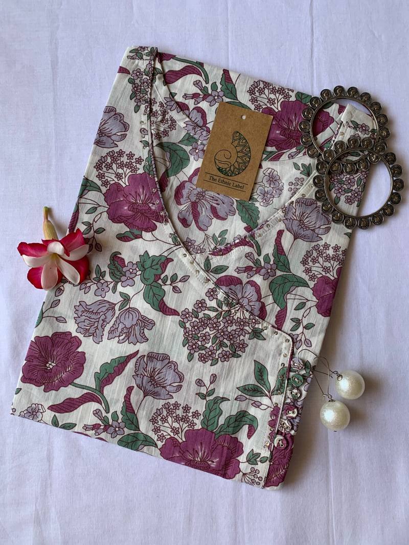 IMG_4599-scaled-1.jpg Lilac "Bageecha" Hand block printed Angrakha Cotton Kurta - Image 1