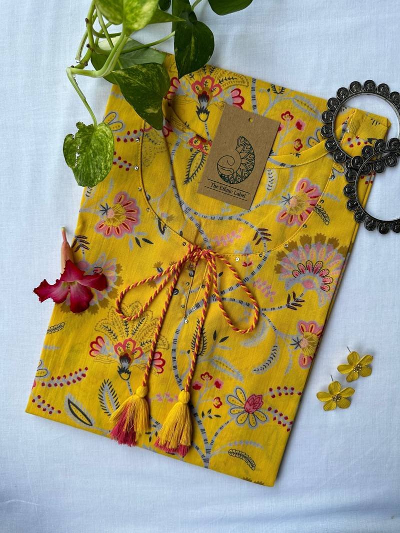 IMG_5422-scaled-1.jpg "Flavia" Yellow Sanganeri Hand Block Printed Cotton kurta - Image 1