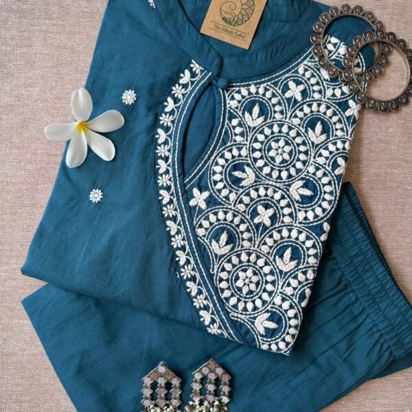 "Roohani" Teal Blue Chikankari Kurta Set(2pc)